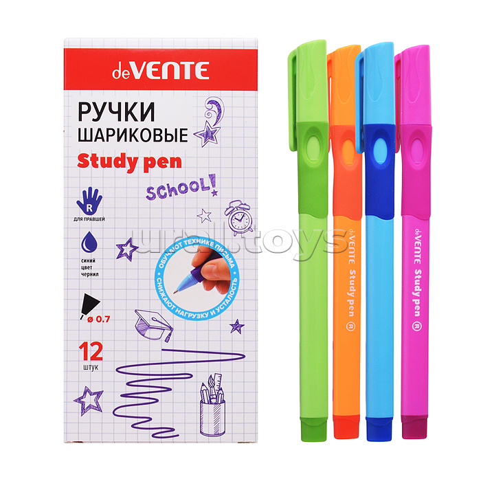Ручка шариковая "Study Pen. School" обучающая письму, для правшей, d=0,7 мм, с эргономичным каучуковым держателем, сменный стержень, с индивидуальной маркировкой, синие чернила