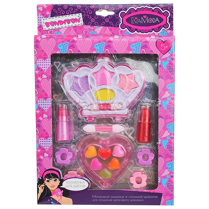 Набор детской декор. косметики Eva Moda, BOX 24х15,5х2,5см; корона с тенями для век 4 оттенка (2,8г), 2 аппликатора, помады 2 оттенка (1,6г), сердце-футляр с блесками для губ 6 оттенков (1,8г), 4 заколки
