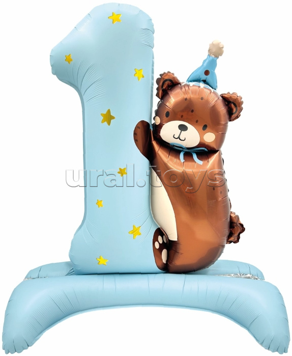 Шар (35''/89 см) Цифра, 1 Годик, Мишка в колпачке, Голубой, Сатин, 1 шт. в уп.