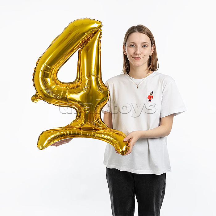 Шар (32''/81 см) Цифра на подставке, 4, Золото, 1 шт. в уп.