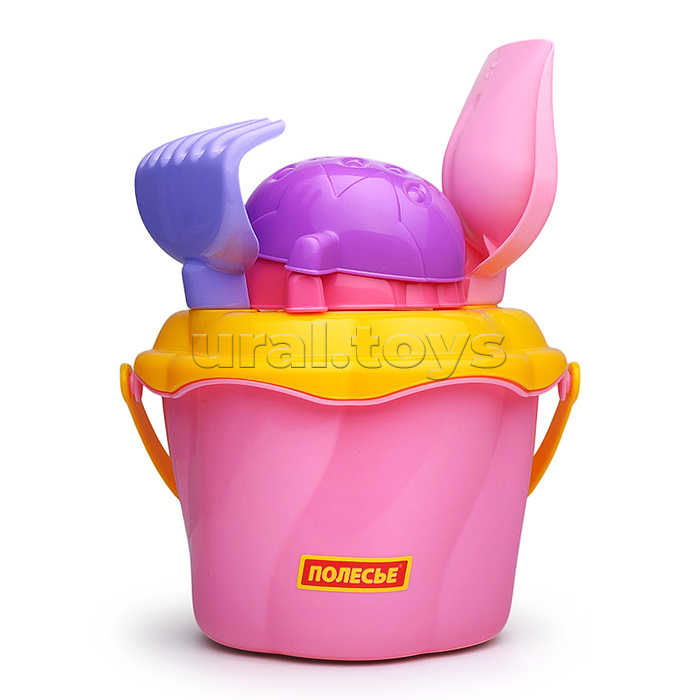 Набор №662: ведро-цветок среднее №4, сито-цветок среднее №4, лопатка №5, грабельки №5, формочки (клубника + малина)
