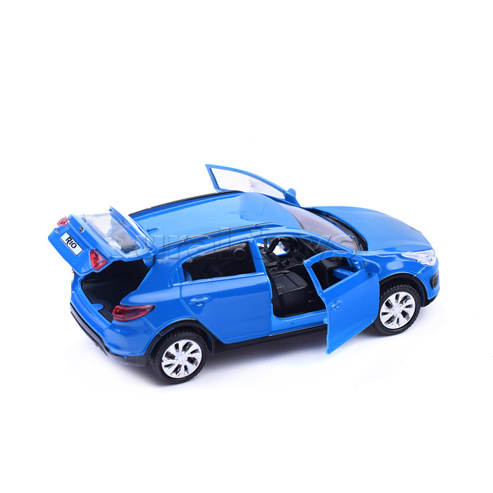 Машина металл Kia Rio X длина 12 см, двери, багаж, инерц, синий, в коробке