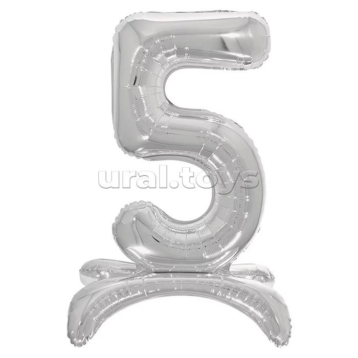 Шар (32''/81 см) Цифра на подставке, 5, Серебро, 1 шт. в уп.