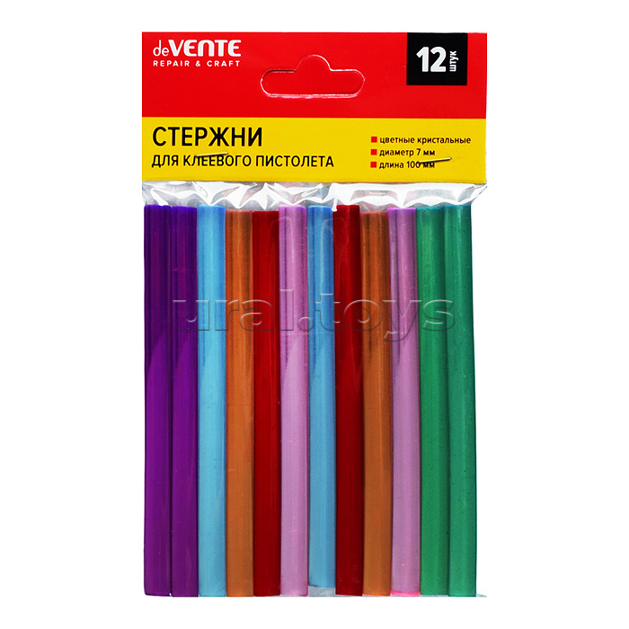 Клеевые стержни "REPAIR & CRAFT" Ø 7 мм, цветные (ассорти) кристальные, длина 100 мм, 12 шт в упаковке c картонным европодвесом