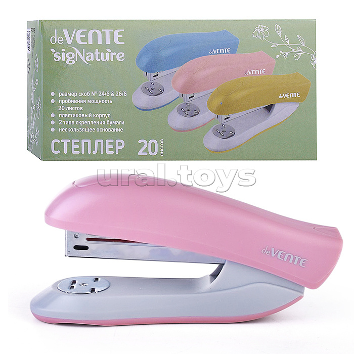 Степлер "SigNature" 24/6&26/6 (мощность 20 листов, глубина скрепления 60 мм) пластиковый, в картонной коробке, цвет пудрово-розовый
