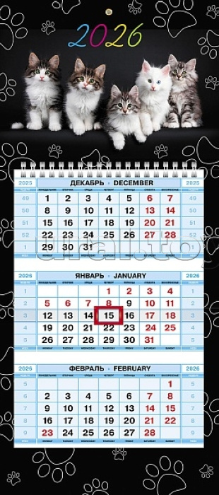 Календарь квартальный 3-х блоч. на 1 гребне "Котосессия" 2026г Календарь квартальный 3-х блоч. на 1 гребне "Котосессия" 2026г