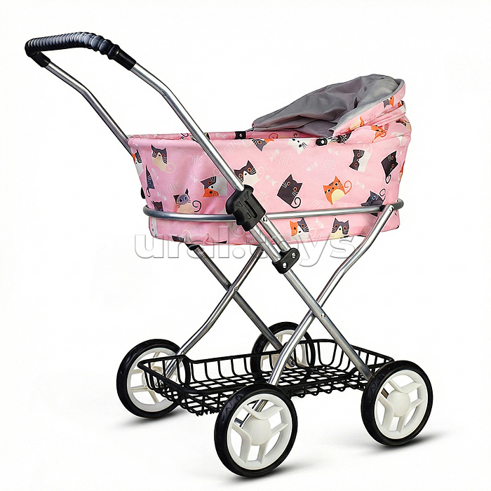 Коляская кукольная прогулочная,металлическая, складная, с корзиной и сумкой, принт коты