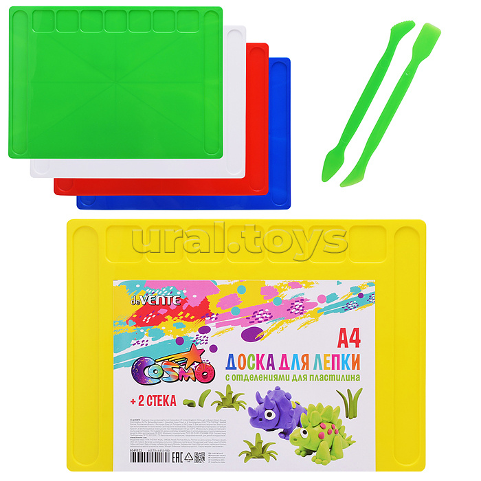Доска для лепки A4 (280x200 мм) пластиковая толщиной 4 мм, 2 стека в комплекте и отделения для пластилина, цвета ассорти, индивидуальная упаковка