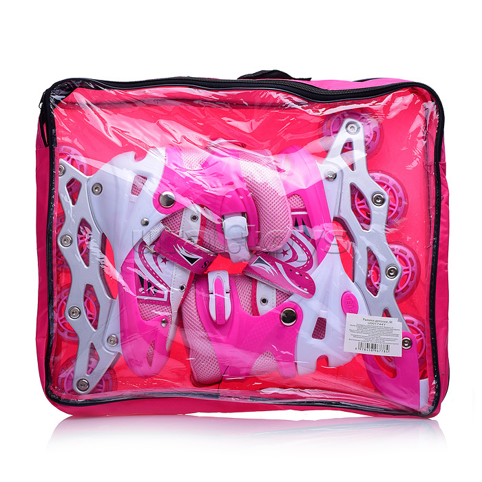 Ролики детские (размер M)  розово-белые, PU колёса со светом, в сумке