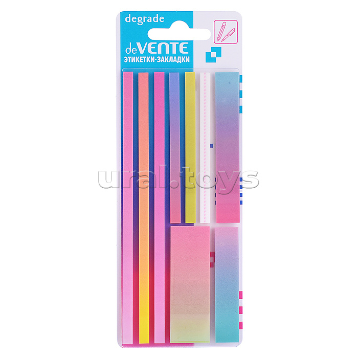 
Набор самоклеящихся этикеток-закладок "Degrade" пластиковые полупрозрачные с дизайном, 140x5 мм, 78x12 мм, 78x5 мм, 60x20 мм и 60x12 мм, 9x20 листов, 9 дизайнов, в картонном блистере и пластиковом пакете с европодвесом, красная гамма