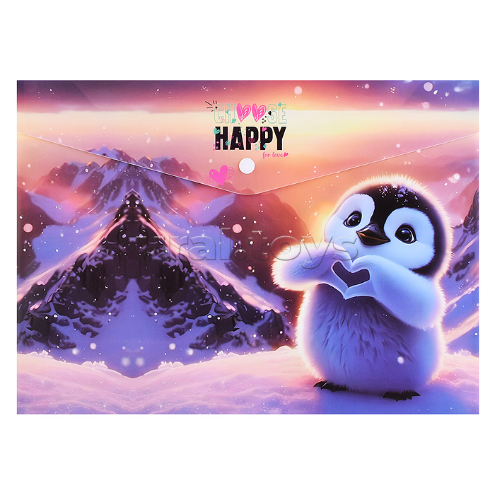 Папка-конверт на кнопке "Happy Pinguin" A4 (330x235 мм) 180 мкм, непрозрачная с рисунком, фактура песок, индивидуальная маркировка