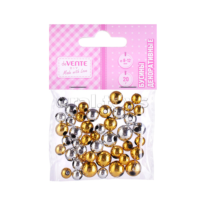Бусины декоративные "DIY Metallic Mix " пластиковые, 8, 10, 12 мм, 20 г, золотые и серебряные, в пластиковом пакете с блистерным подвесом