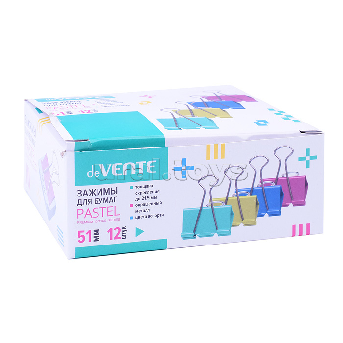 Зажим для бумаг "Pastel" металлический (51 мм) толщина скрепления до 21,5 мм, цветной ассорти, 12 шт в картонной коробке Зажим для бумаг "Pastel" металлический (51 мм) толщина скрепления до 21,5 мм, цветной ассорти, 12 шт в картонной коробке