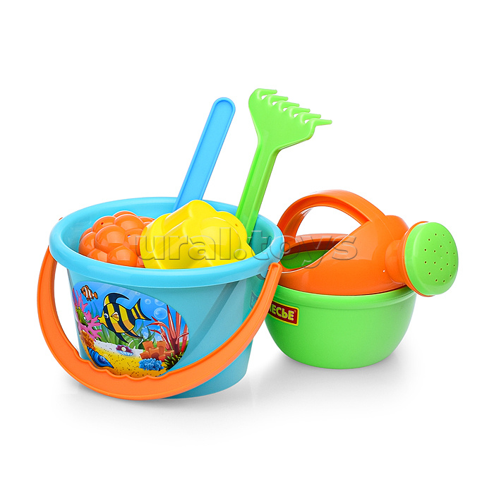 Набор №205: ведро среднее, лопатка, грабельки, 2 формочки, лейка малая №4