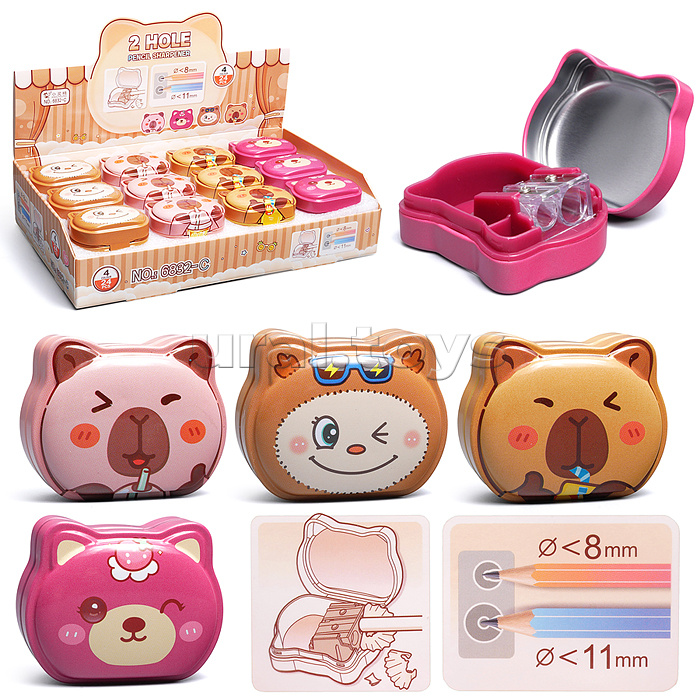 Точилка металлическая "Животные" 2 отверстия для заточки, 4 дизайна, с контейнером для стружки