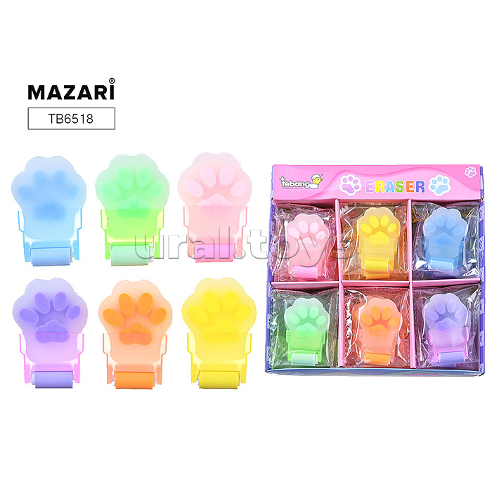 Ластик с роликом "Лапки" ПВХ, 3.5х5.3х1см, фигурный, с роликом для сборки крошек, ассорти 6 цветов
