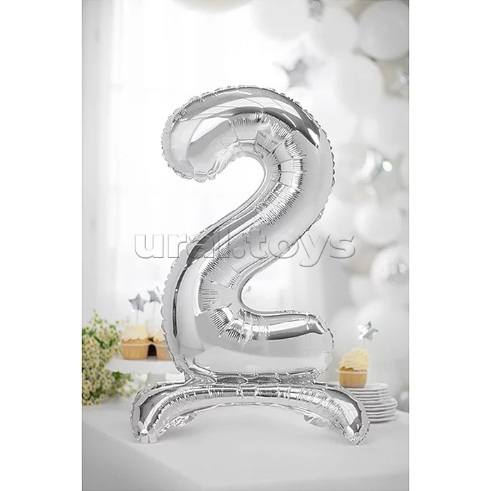 Шар (32''/81 см) Цифра на подставке, 2, Серебро, 1 шт. в уп.