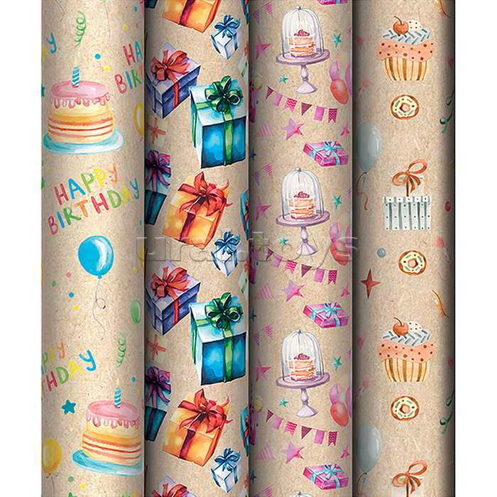 Упаковочная бумага крафт 70*100см, "Happy birthday", 70 г/м2, ассорти, 4 дизайна Упаковочная бумага крафт 70*100см, "Happy birthday", 70 г/м2, ассорти, 4 дизайна