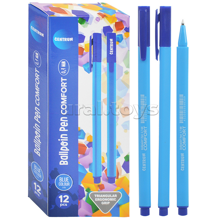 Ручка шариковая COMFORT синие черн. 0.7 мм, трехгранный пластиковый корпус, цвет крпуса синий, 12 шт. в картонной упаковке