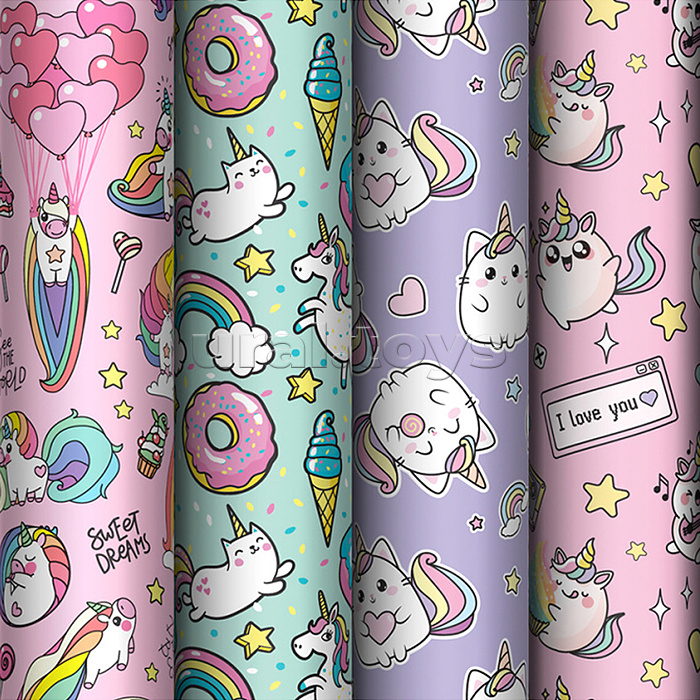 Упаковочная бумага глянц. 70*100см, "Unicorn", 80 г/м2, ассорти, 4 дизайна Упаковочная бумага глянц. 70*100см, "Unicorn", 80 г/м2, ассорти, 4 дизайна