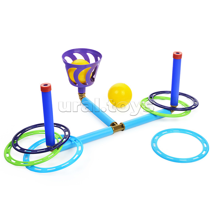 Кольцеброс - шароброс 2 в 1 (дом/улица).  2 стойки + 6 колец, 1 корзинка + 2 мяча, клин - 3 шт.