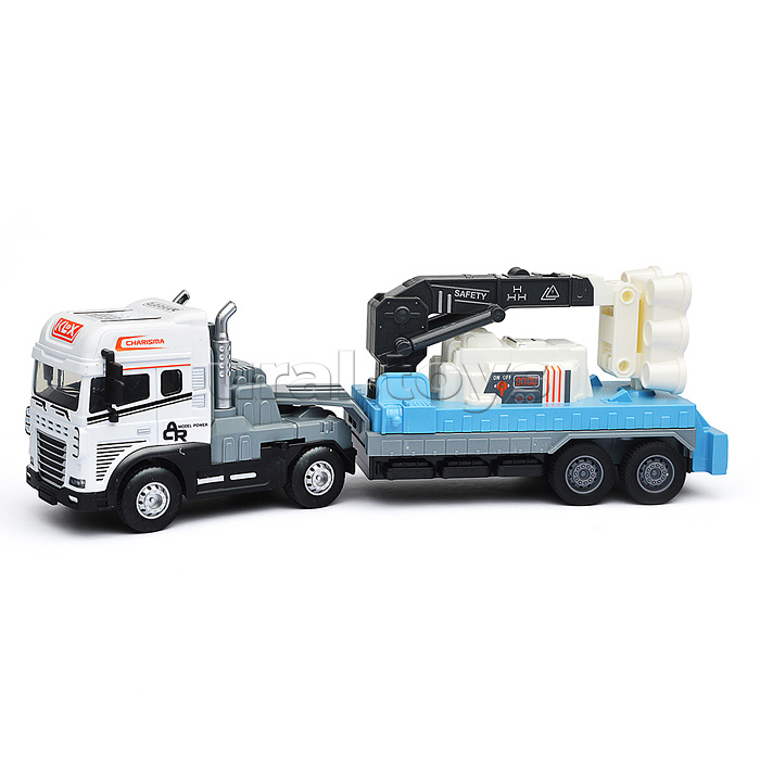 Машина "Тягач с прицепом и прожекторами на манипуляторе" (свет, звук) в коробке