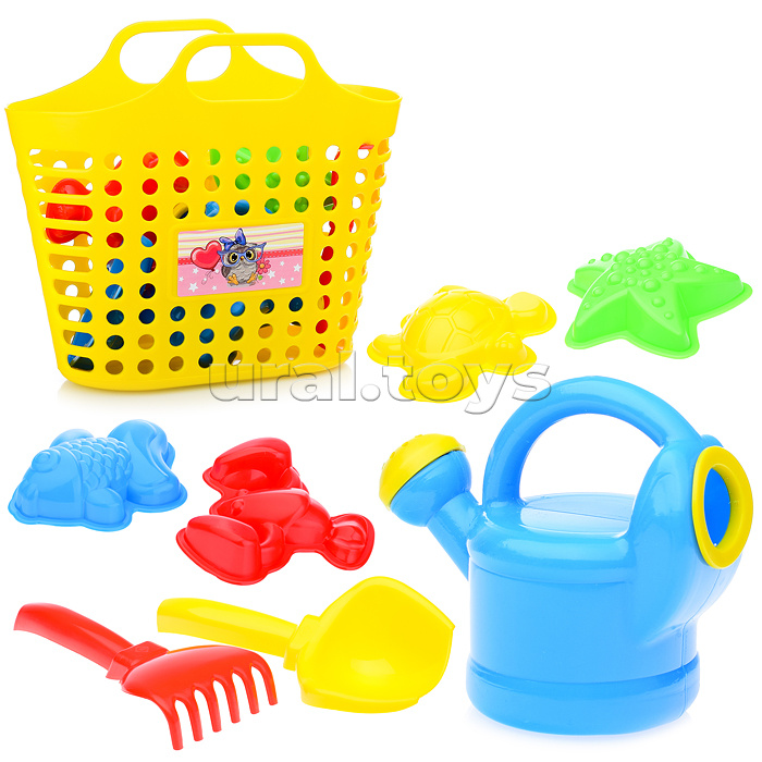 Детский песочный набор 8 пр (сумка-корзина, лейка-мини, совок, грабли, формы 4 шт)
