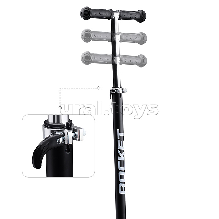 Самокат 3-х колесный ROCKET,колеса PU со светом, ABEC 7, черный