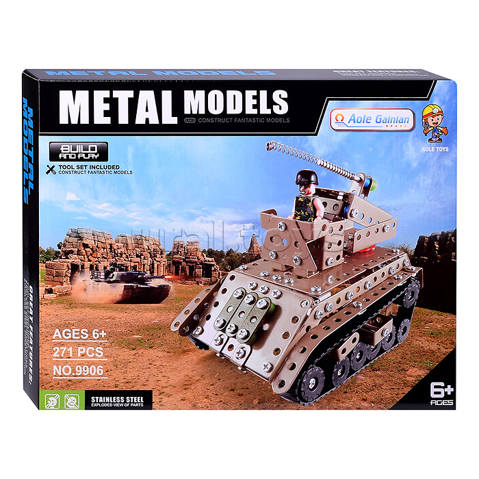 Конструктор "Гусенечный танк" (271 дет.) металл, в коробке