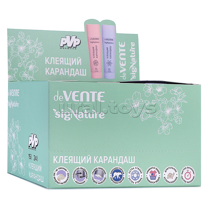 Клеящий карандаш PVP основа "SigNATURE" 15 г, высокой вязкости, в картонном дисплее с пластиковым поддоном, ассорти 3 цвета корпуса