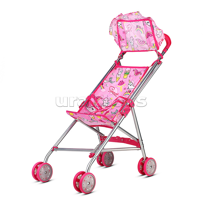 Коляская кукольная трость с крышей, металлическая, принт розовый мир
