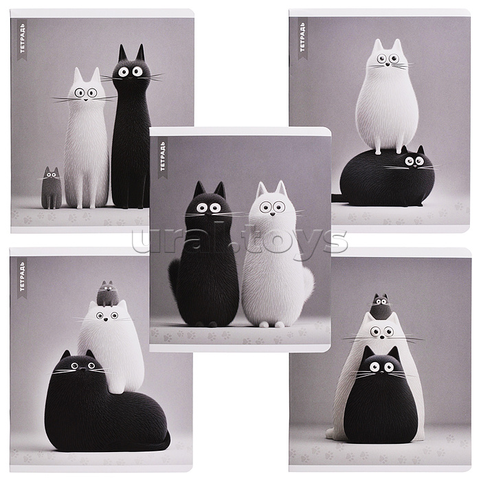 Тетрадь 48 л, клетка "Черно-белые коты" А5+, мягкий переплёт (2 скобы)