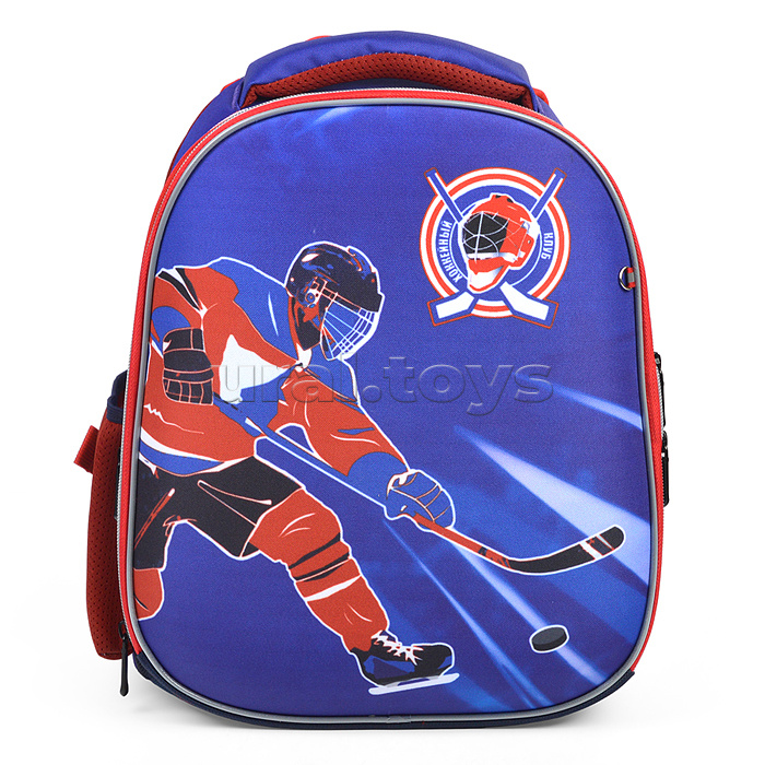 Рюкзак каркасный "Хоккей" формованный из полимеров, материал: нейлон, полиэстер, полноцветная печат, 2 отделения на молнии, 2 бегунка на каждой молнии, 1 вместительный боковой карман, светоотражатели , жесткая эргономичная спинка;  широкие, регулируемые п
