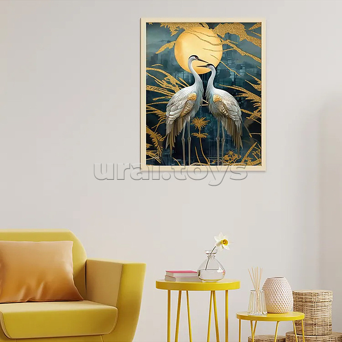 Картина по номерам 40х50 "Японские журавли в полнолуние" с поталью (17 цветов)