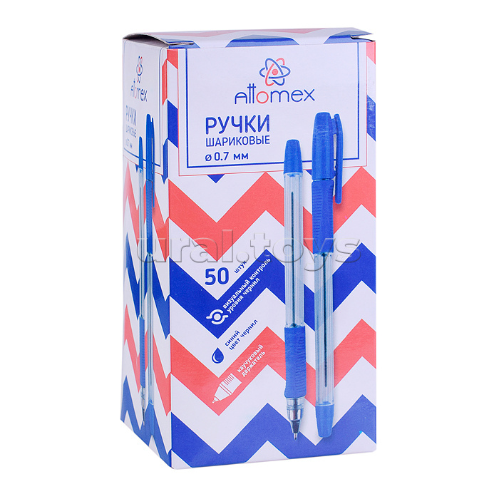 Ручка шариковая "Attomex. Aviator" d=0,7 мм, прозрачный корпус с каучуковым держателем, сменный стержень, индивидуальная маркировка, в картонной коробке, синяя