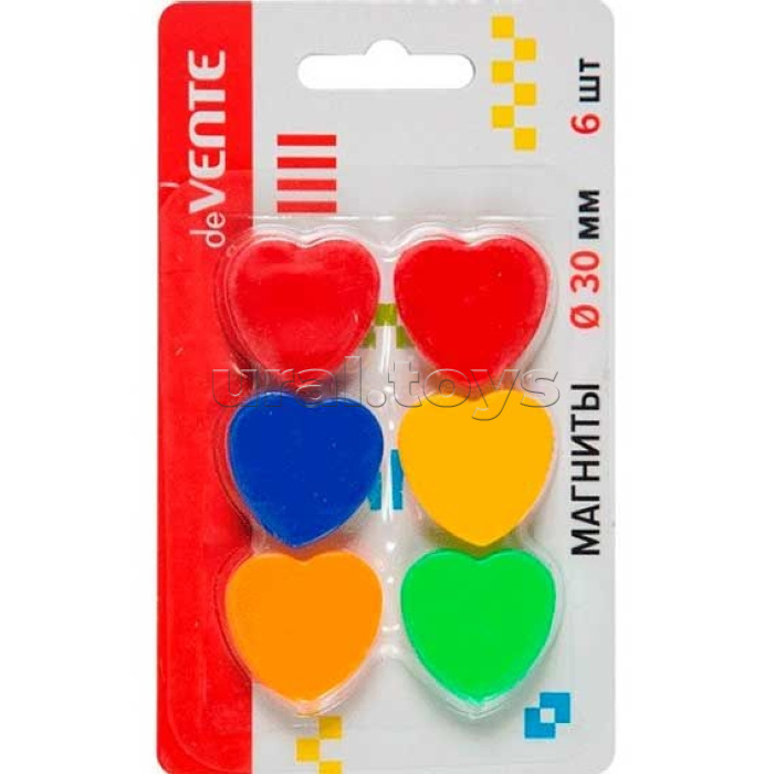 Магнит для доски офисной " Heart" Ø 30 мм, 6 шт, в форме сердца, цвета ассорти, пластик непрозрачный, в картонном блистере