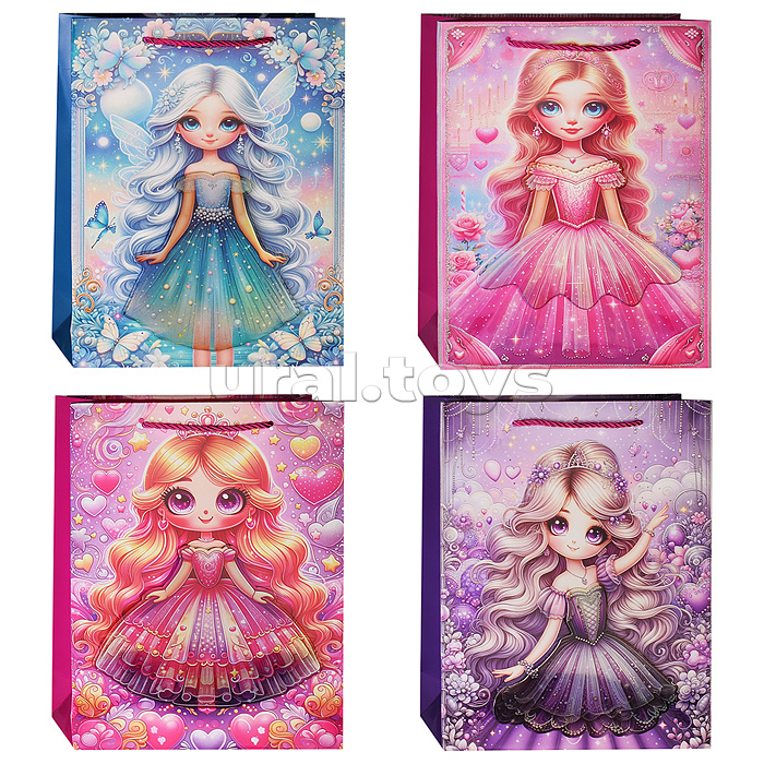 Пакет подарочный бумажный "Princess" вертикальный, размер 26x32x10 см, тиснение фольгой 3-d, бумага 210 г/м², ассорти 4 дизайна