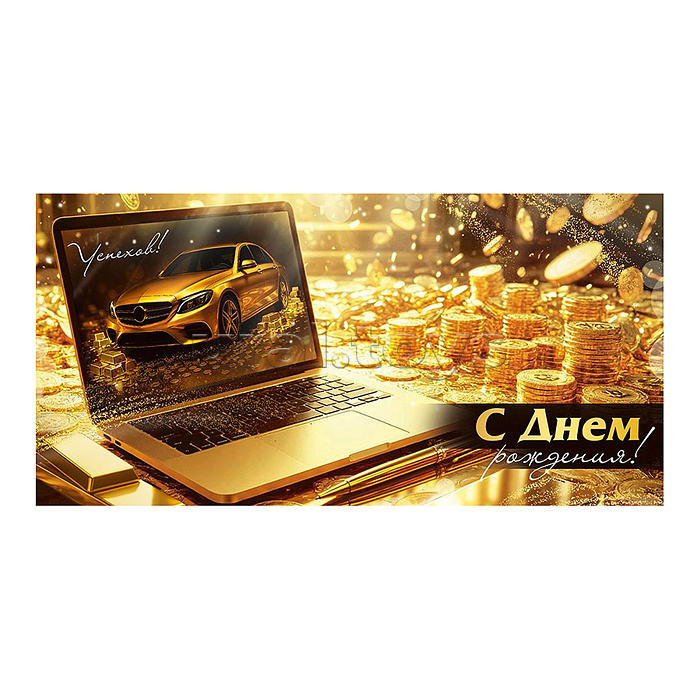 Конверт для денег "С Днем рождения!" (ноутбук, золотые монеты)