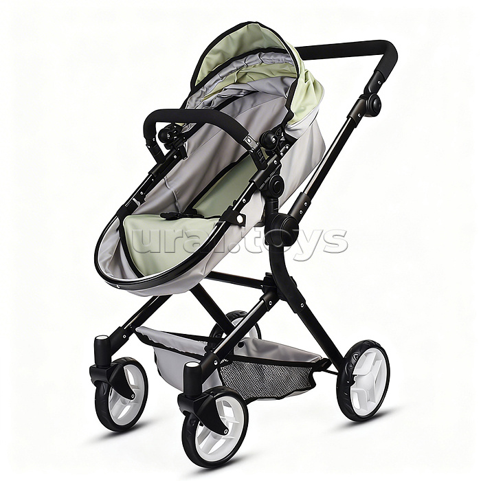 Коляская кукольная металлическая, прогулочная, с корзиной, серо-зеленая