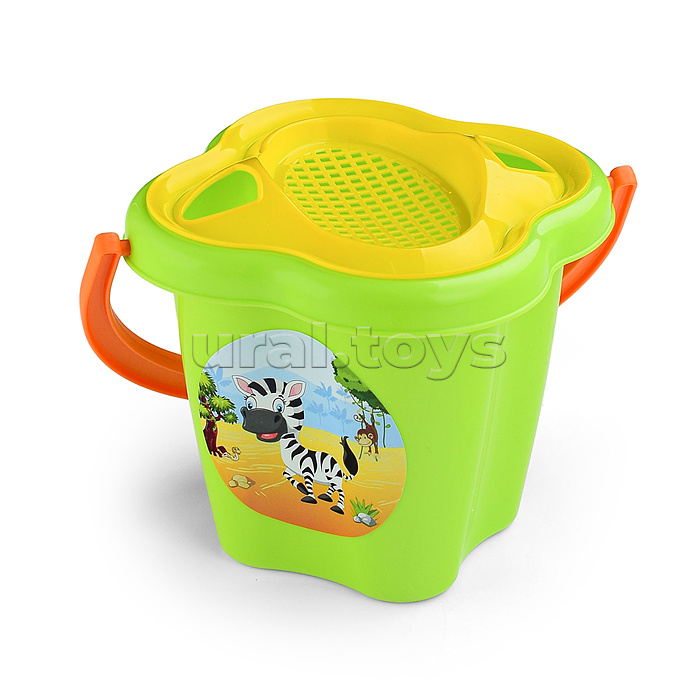 Набор №36: ведро-цветок среднее, ситечко-цветок, совок №2, грабельки №2, 2 формочки