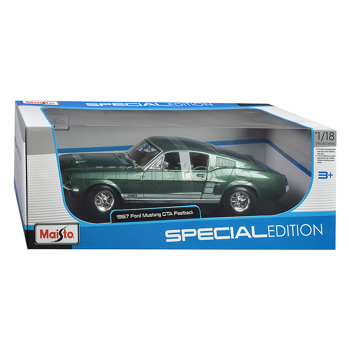 Машинка die-cast 1967 Ford Mustang Fastback, 1:18, тёмно-зеленая, открывающиеся двери