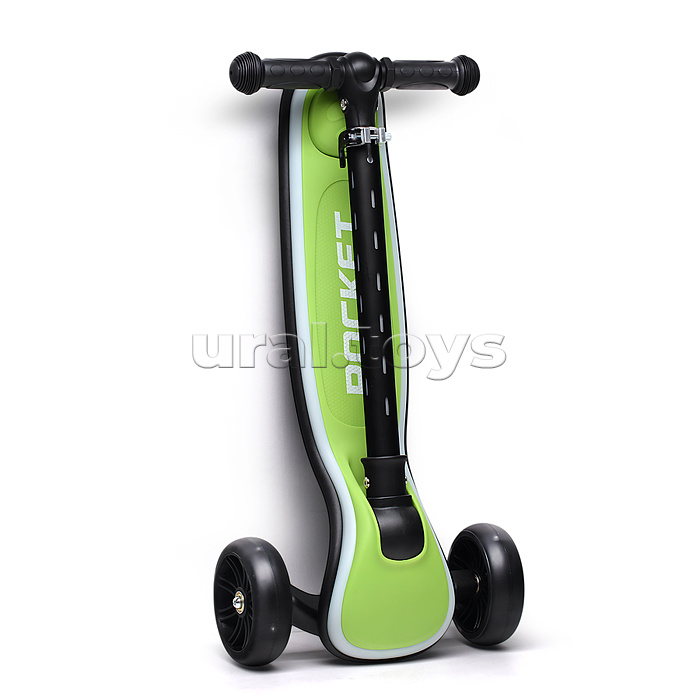 Самокат трёхколёсный ROCKET светящиеся колеса PU, дека, рулевая стойка, цвет черно-зеленый
