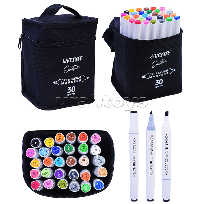 Набор маркеров для скетчинга "Emotion" 30 цветов, двусторонние (пулевидный 1 мм/скошенный до 5 мм), эргономичный трёхгранный корпус, чернила на спиртовой основе, в текстильной сумке