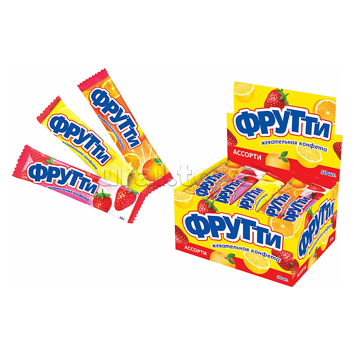 Жевательная конфета с ароматом: клубника, апельсин, лимон "Фрутти", в флоу.,, (50шт) 10гр.