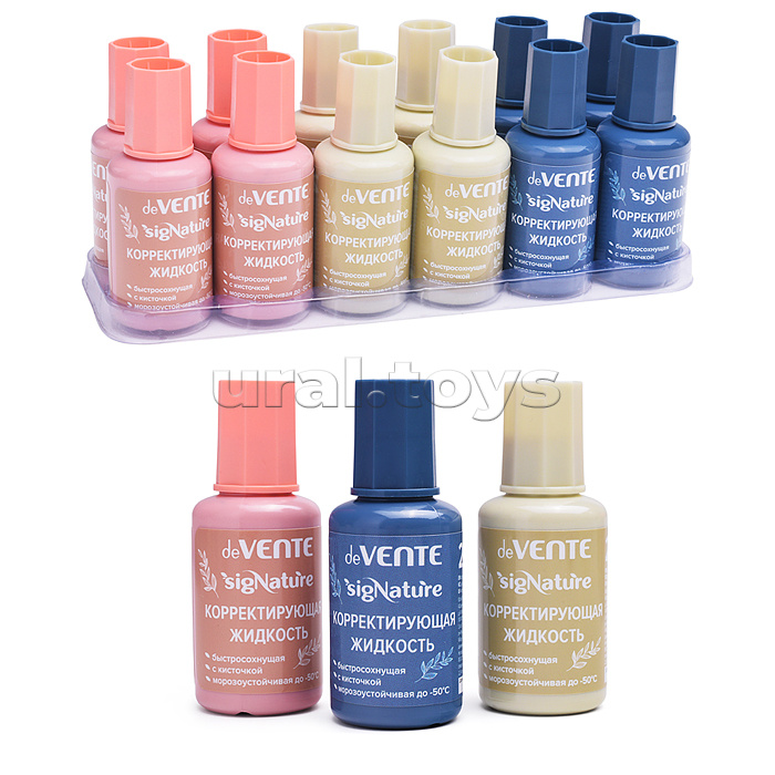 Корректирующая жидкость "SigNATURE" 20 мл, быстросохнущая, в бутылочке с кисточкой, цвета корпуса ассорти (оливковый, пудрово-розовый, сумеречный синий), в пластиковом поддоне