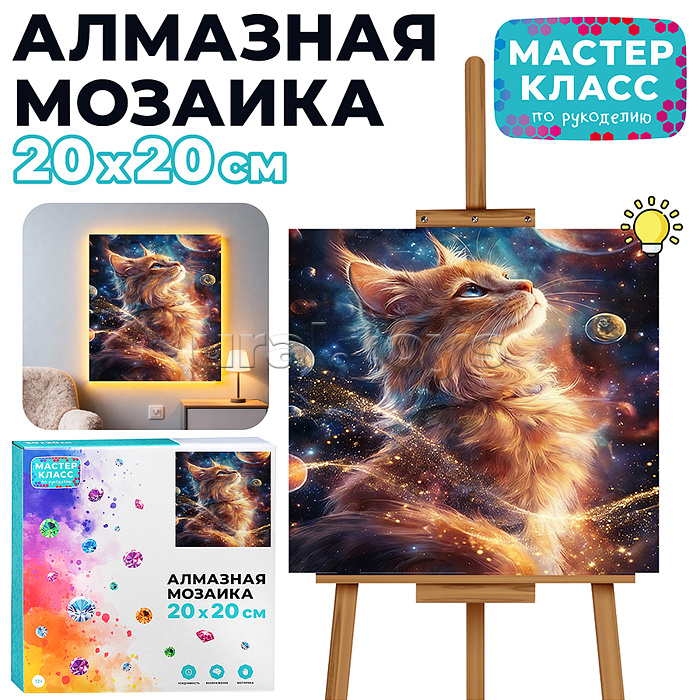 Мозаика алмазная "Космический кот" (светится в темноте) 20*20 см.