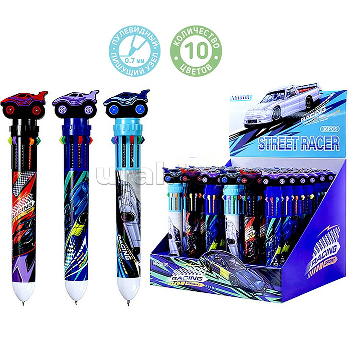 Ручка шариковая автоматическая "RACING" 10 цв. (фиолетовый, черный, синий, красный, оранжевый, зеленый, жёлтый, голубой, розовый, коричневый), пулевидный пиш.узел 0.7мм, корпус пластиковый цветной, сменный стержень 68 мм, картонный дисплей