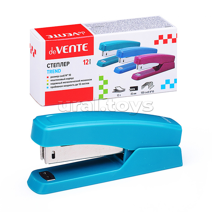 
Степлер "Trend" № 10 (мощность 12 листов, глубина скрепления 45 мм) пластиковый, в картонной коробке, изумрудно-бирюзовый