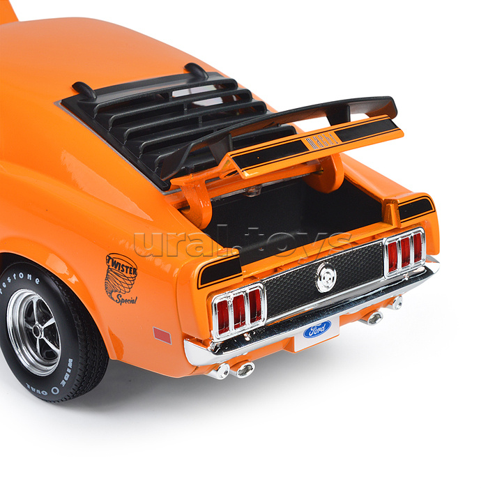 Машинка die-cast 1970 Ford Mustang Mach 1, 1:18,  оранжевая с принтом, открывающиеся двери