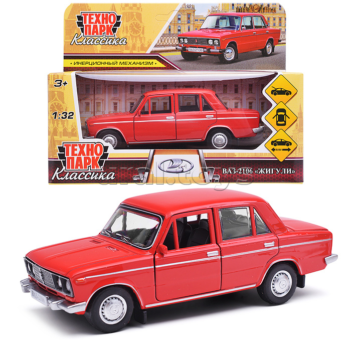 Машина металл ВАЗ-2106 13 см, двери, багаж, красный, в коробке